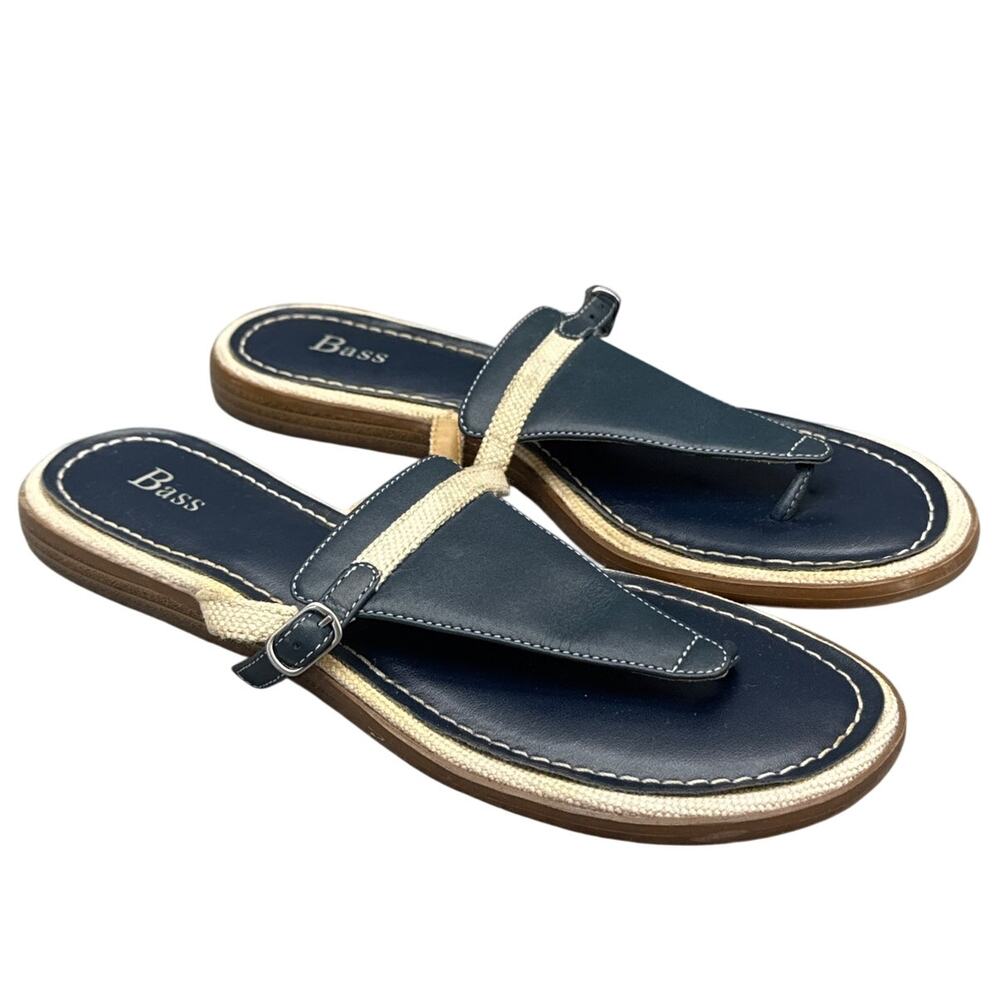 Bass Marta Navy Blue White Leather Thong Sandal Women 6.5